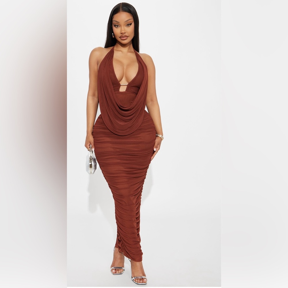 Elegant Brown Draped Women's Dress